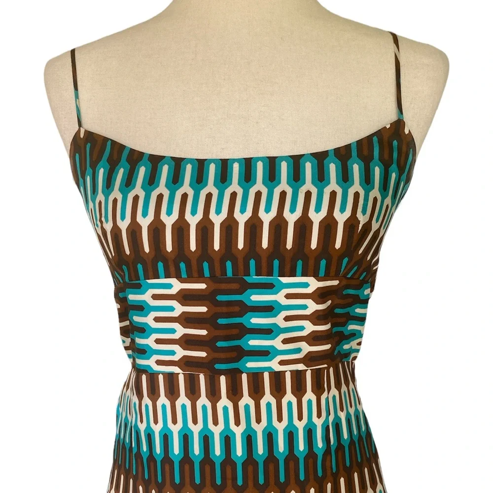 Milly of NY Silk Teal Green Brown Geometric Sheath Slip Column Dress - 6